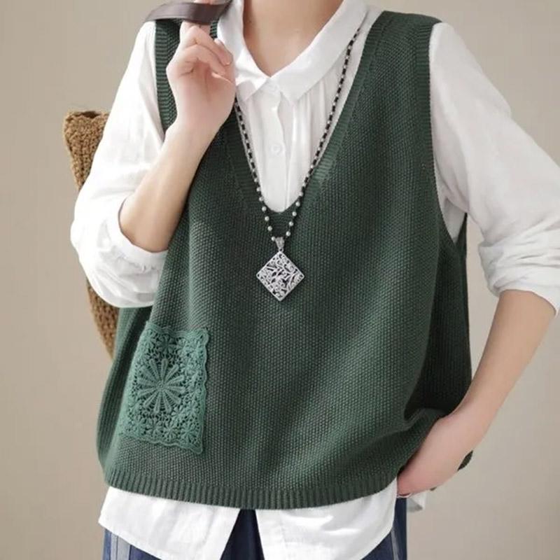 Vest for Women Cotton Summer Lace-Up Pocket Tops Knitted Sweater Vest Oversize Casual V-neck Vest
