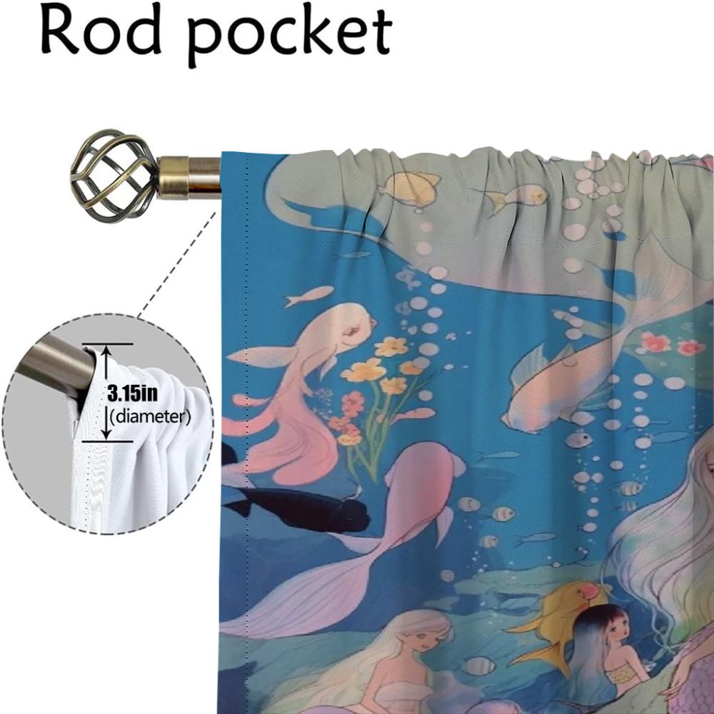 Mermaid Blackout Curtains for Living Room Home Interior Curtains 2 Pieces Window Curtain Tulle for Bedroom Halloween Decoration