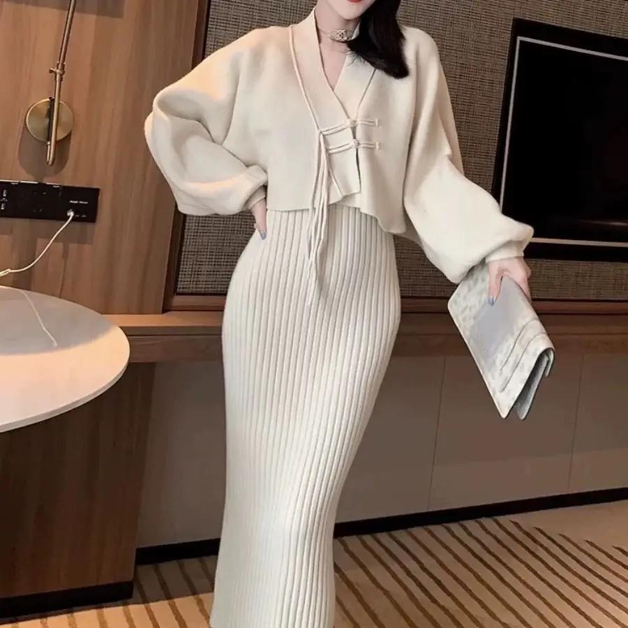Solid Color Knitwear Set Lace Up Chinese Knitted Cardigan Women Sweater Coat Camisole Dress Two Piece Set Women Outfits