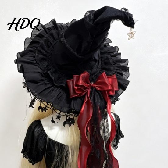 Stylish Lace Bow Headwear Halloween Witch Hat, Gothic Dark Wizard Costume Headpiece for Women, Spooky Velvet Cone Photogenic Daily Lolita Wear