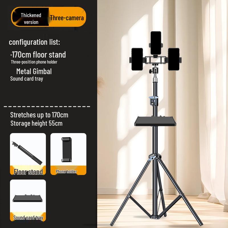 Dual-Position Carbon Steel Phone Stand with Fill Light for Outdoor Streaming