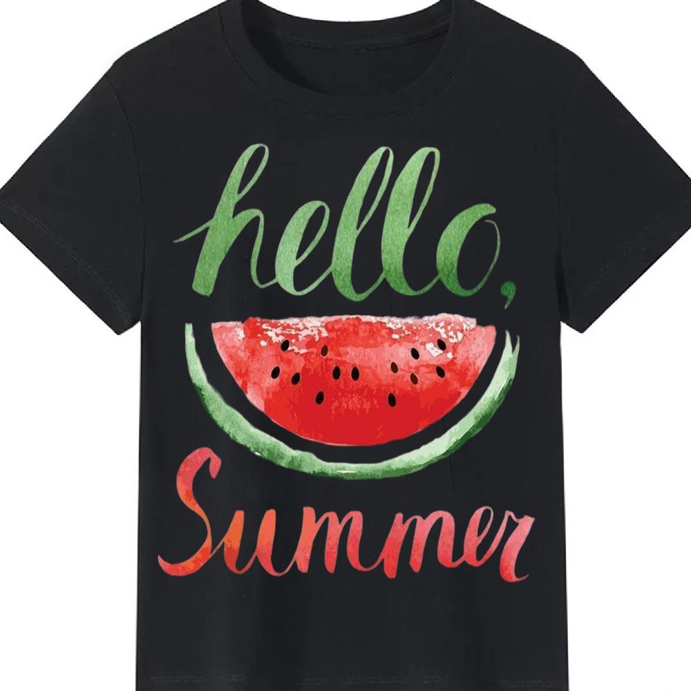 Watercolor Summer Fruit Graphic T-Shirt Hello Summer Watermelon Coconut Drink Print Crew Neck Black Top for Men Women S