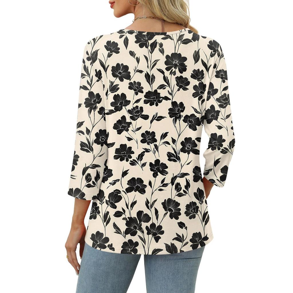 Women's Print Top Button-down V-neck T-shirt 3/4 Sleeve Loose Fashion Top