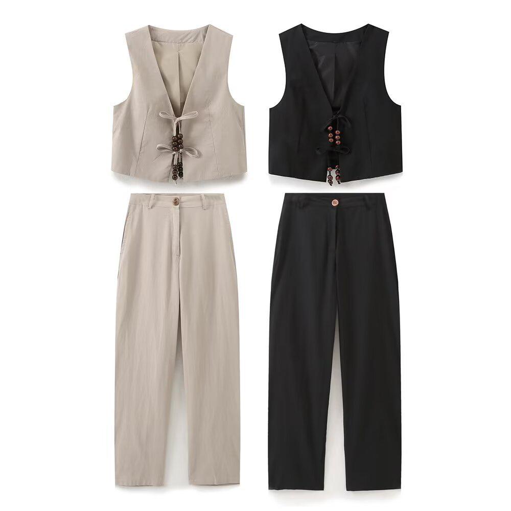

2025 Spring Women s Beaded Bow Vest & Pants Set Small