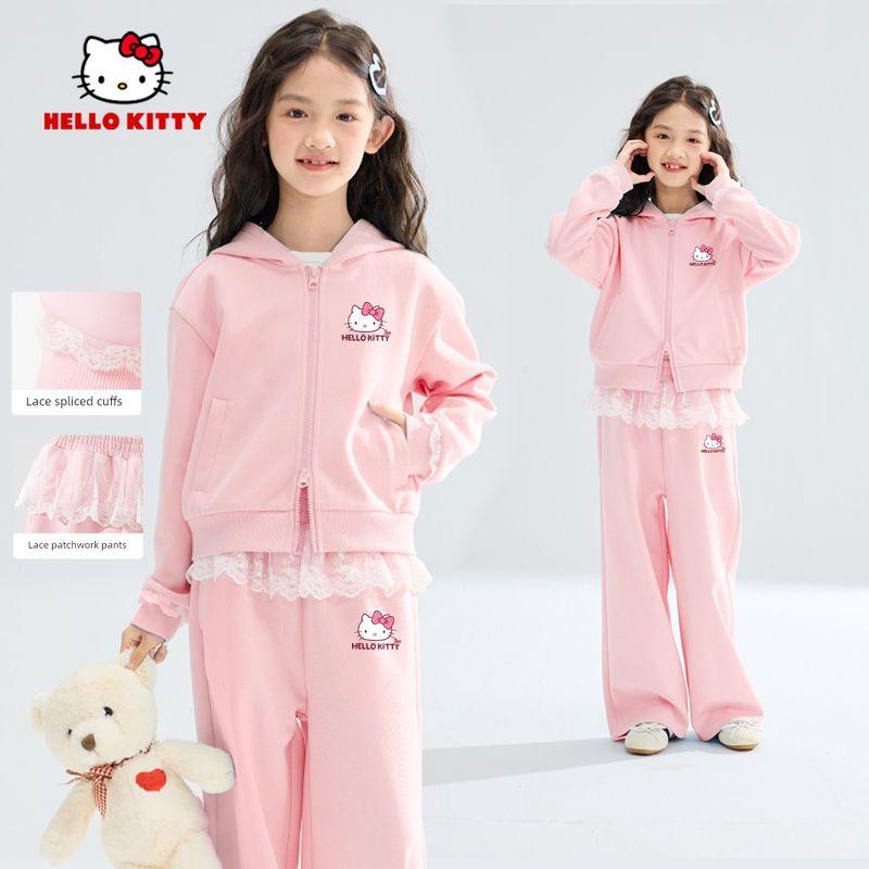 Весенний наряд для девочек Hello Kitty 2026 Новый Кружевной Кант Детская Спортивная Одежда Серая Одежда для Девочек Tie Bow K Light Pink + Tie Bow K Light Pink 140