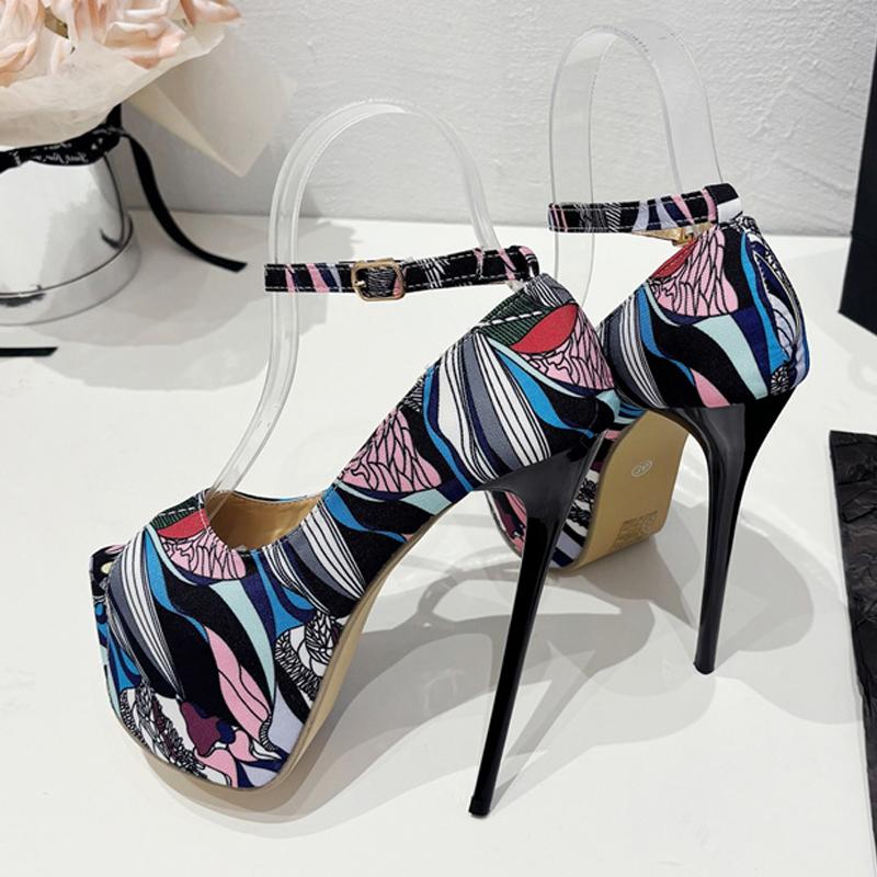 Fashion Liyke Fashion Design Hand-Painted Leather Platform Pumps Women Slingback Sandals Sexy Peep Toe High Heels Strip Pole Dance Shoes