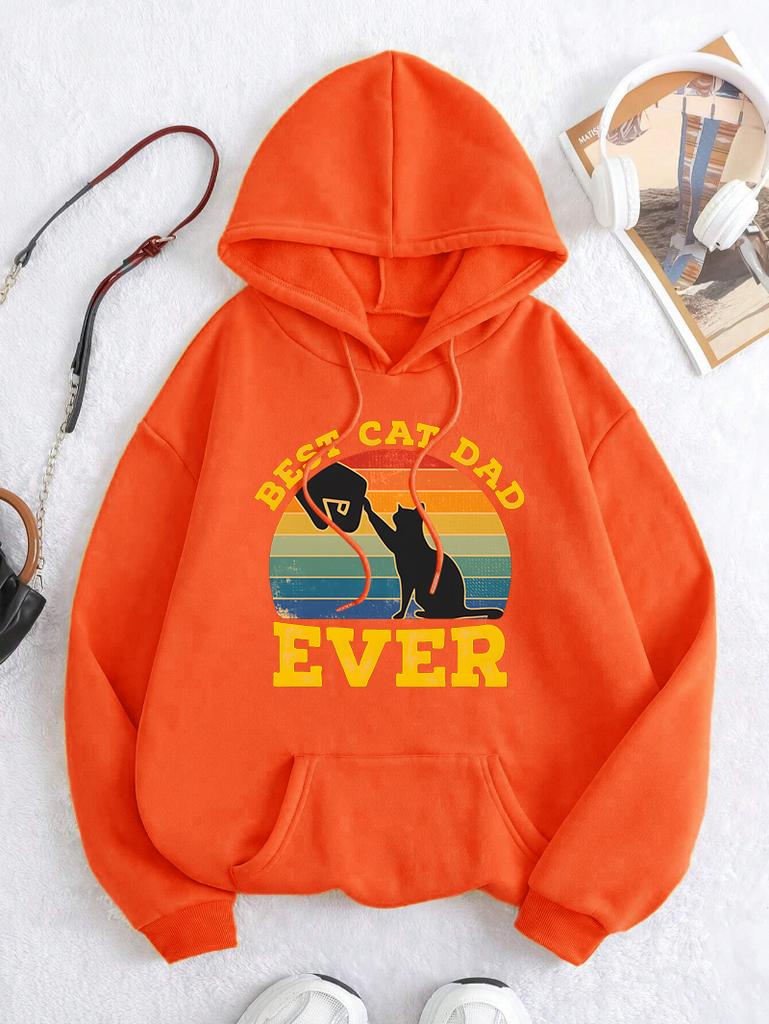 Best Cat Dad Ever Pattern Womens Hoody Hip Hop Fleece Hoodies Pocket Loose Y2K Clothes Casual Autumn Multicolor Pullover