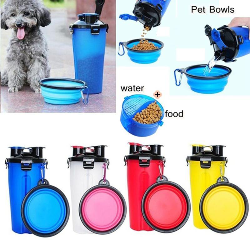 Couleurs Portable 2 en 1 Bouteille d’eau pour animal de compagnie Récipient alimentaire avec Pet Bowl pliant en silicone Voyage en plein air Chien Chat Puppy Feeder Cup