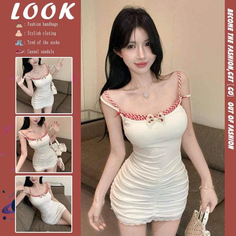 Pure Desire Sexy Suspender Fake Two-piece Fashion Slim-fit Pleated Dress Short Skirt Bow Lace Stitching Hottie Skirt