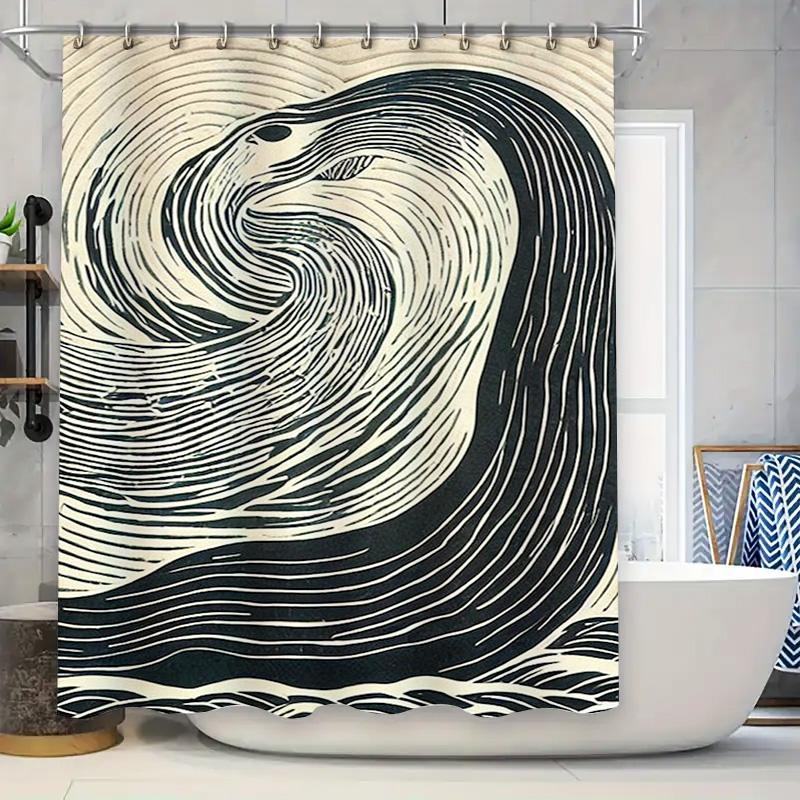 Black White Wave Print Shower Curtain Modern Bath Decor 90x180cm
