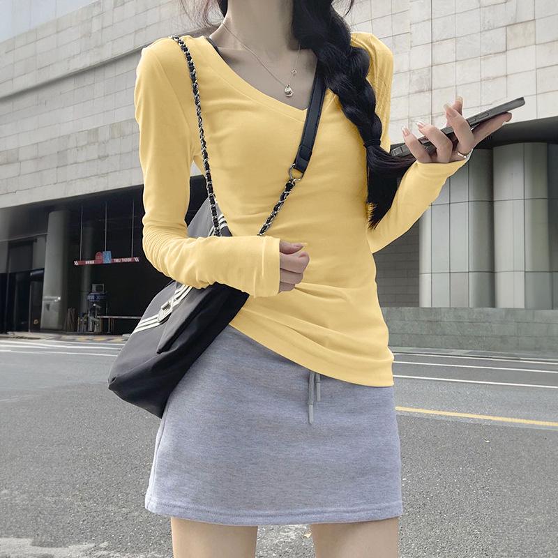 

Women s V-neck Slim Fit Long Sleeve T-shirt, White Cotton Inner Layer for Autumn/Winter, Plus Velvet, Korean Style L
