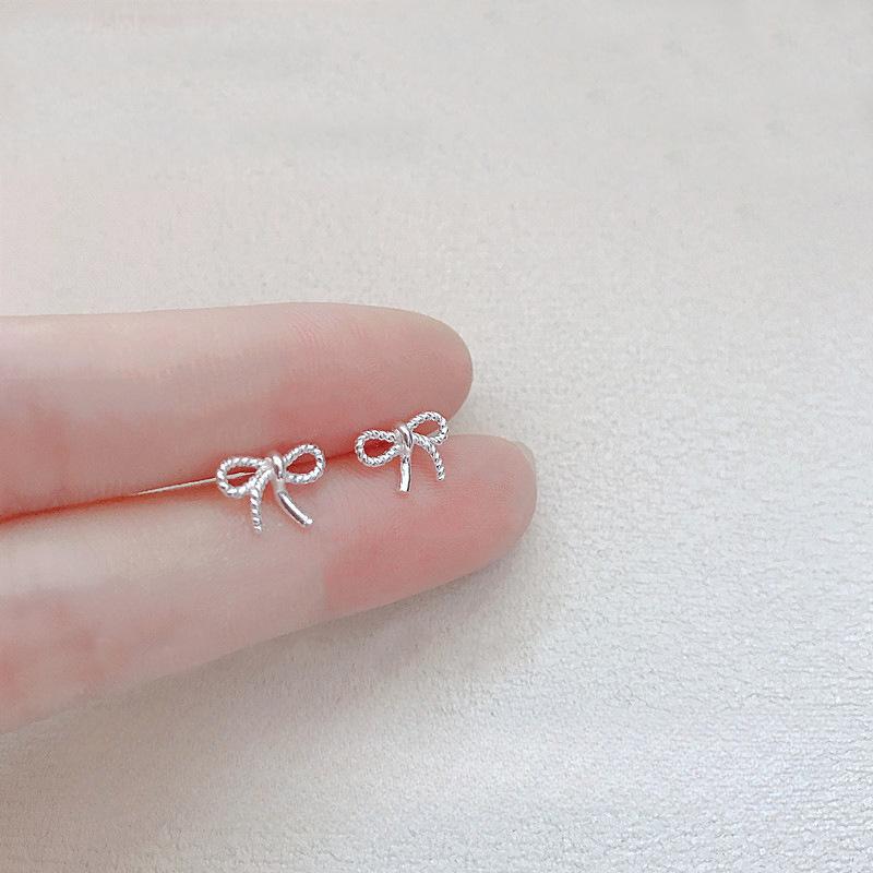 925 Silver Jewelry Women Fashion Cute Tiny Clear Bowknot Stud Earrings Gift for Girls Teens Lady