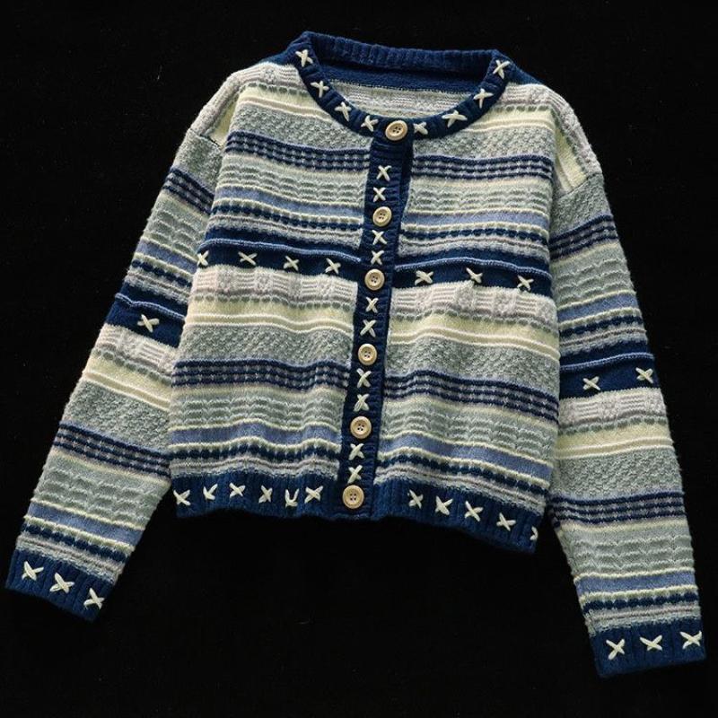 Women Striped Contrasting Knitted Cardigans Korean Style Retro Gentle Ladies Sweaters Autumn Casual Lazy Woman Cardigan Tops