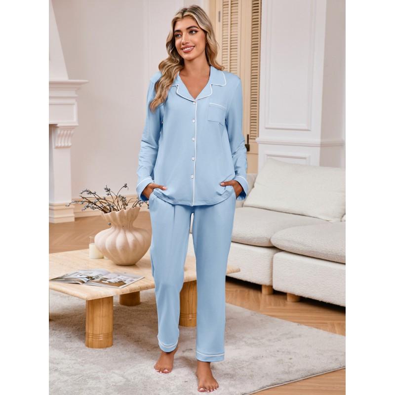 Womens Comfortable Lounge Set Long Sleeve Button-Up Top With Pocket Pants Casual Home Wear