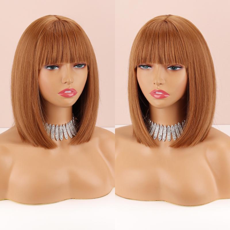 LISI HAIR Peruca curta e reta com franja na altura dos ombros, peruca sintética natural de uso diário, cor marrom escuro, bob