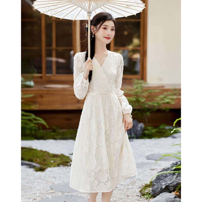 Moon Jade Glaze Elegant 3D Floral Slimming A-line V-neck Dress