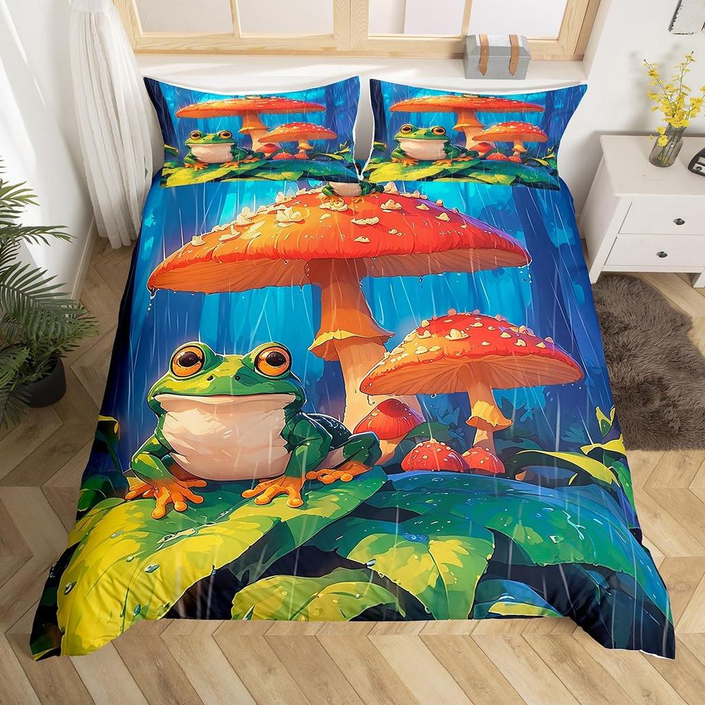 Frog And Lotus Leaf Duvet Cover Sets For Kids Boys Girls Lightweight Quilt Covers Green Animals Themed Bedding Set Bedroom Decor