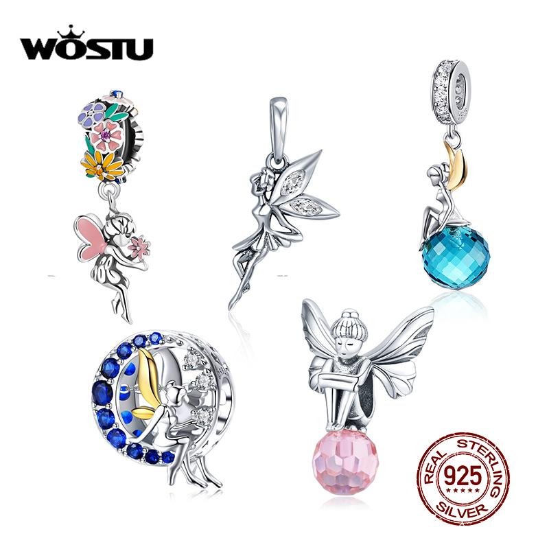 WOSTU 100% 925 Sterling Silver Bead Elf Planet Blue Zircon Charms Fit Original Bracelet Pendant Charms For Jewelry Making CTC056