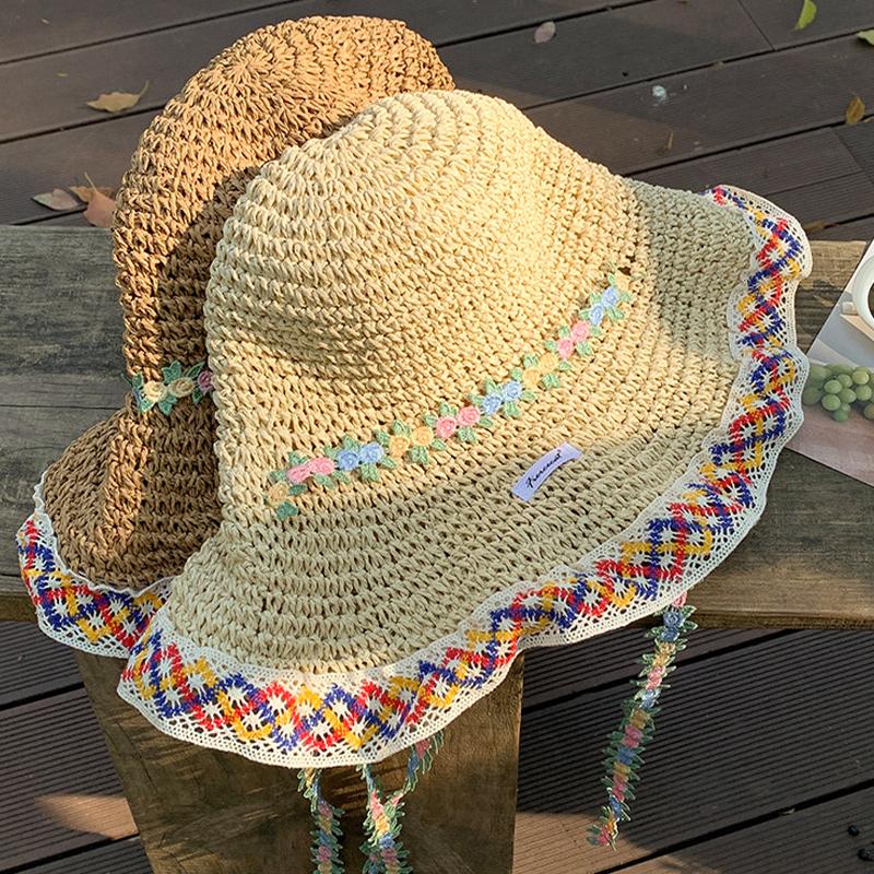 Summer Women'S Wide-Brimmed Straw Hat Beach Vacation Style Sun Hat Straw Fisherman Hat