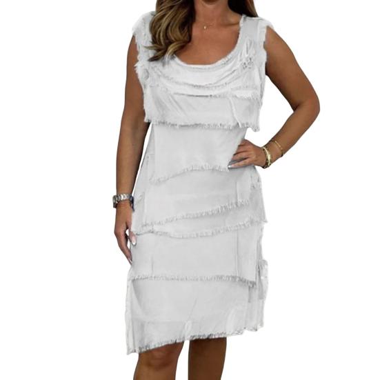 Lady Summer Dress Fringed Ripped Layered Sleeveless O Neck Solid Color Knee Length A-line Slant Hem Pullover Dating Daily Wear Midi Dress