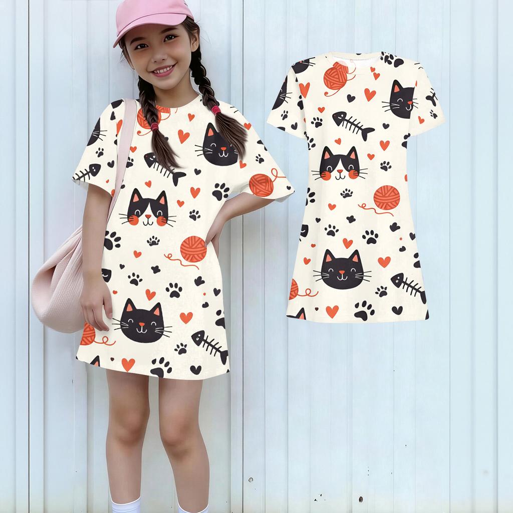 Girls Print Casual Dress Kids Loose Round Neck Short Sleeve Thin Sundress