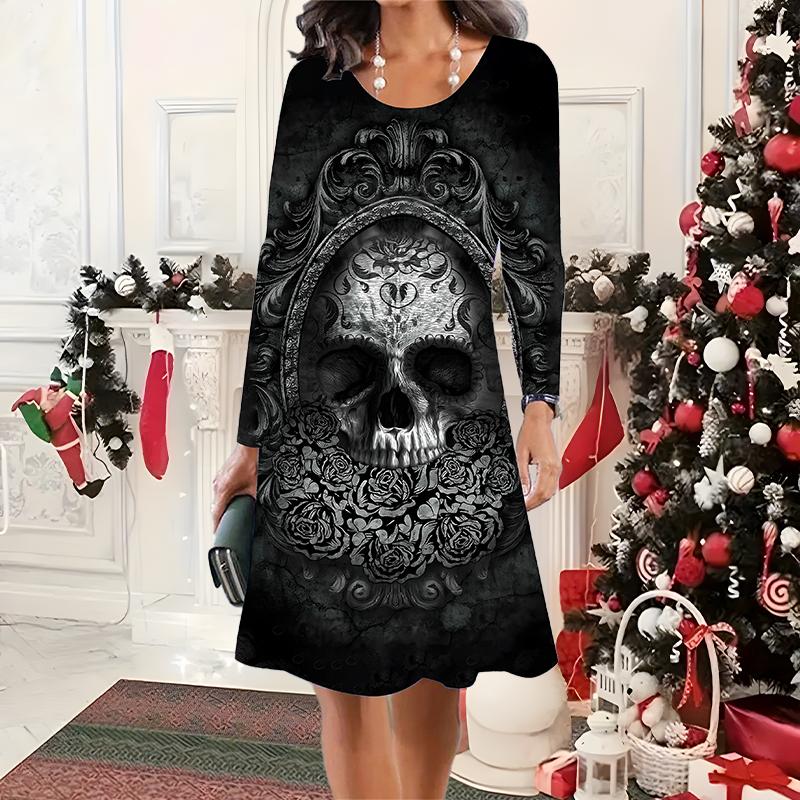 

2025 Осень и Зима Новое Повседневное Женское Платье с Круглым Вырезом 3D Хэллоуинский Узор Идеальный Подарок на Хэллоуин Рождество XS чёрный