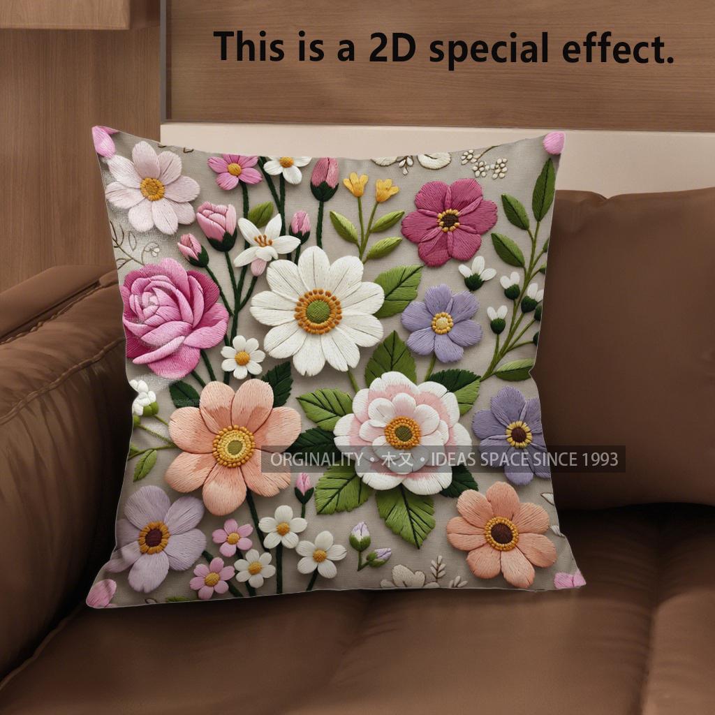 2D Vintage Embroidered Floral Throw Pillow Covers** Pattern Cushion Cover Suitable For Sofa Bedroom Car Pillow Cover