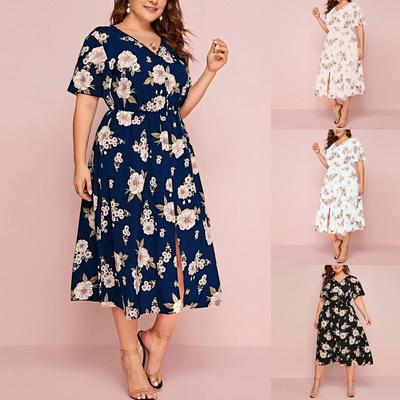 Large Size Ladies Flower Print V-neck Short-sleeved Dress European and American Waist Loose Split Mid-length Chiffon Skirt