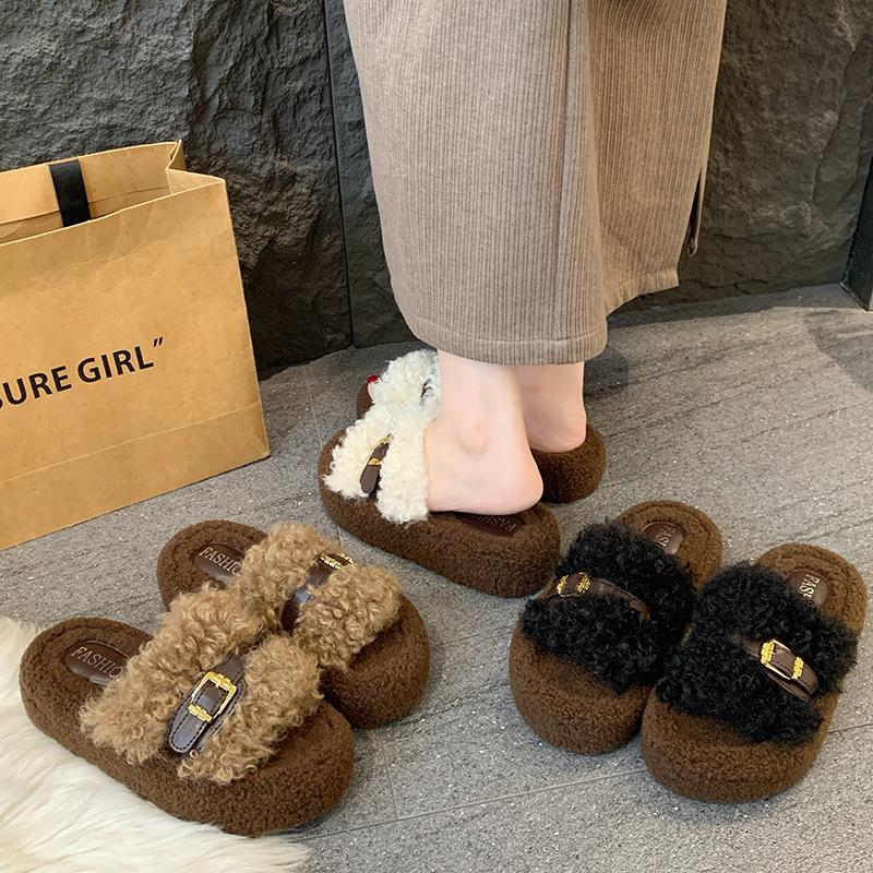Women's trendy fluffy slippers women's autumn and winter outer wear 2025 new high-end skirt thick-soled lamb plush cotton slippers