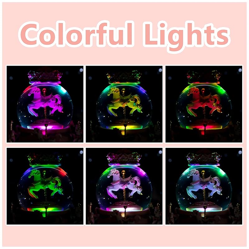 Snow globe with music box, color LED lights, merry-go-round, and crystal balls for automatic snowfall. A popular birthday or Christmas gift for girls,