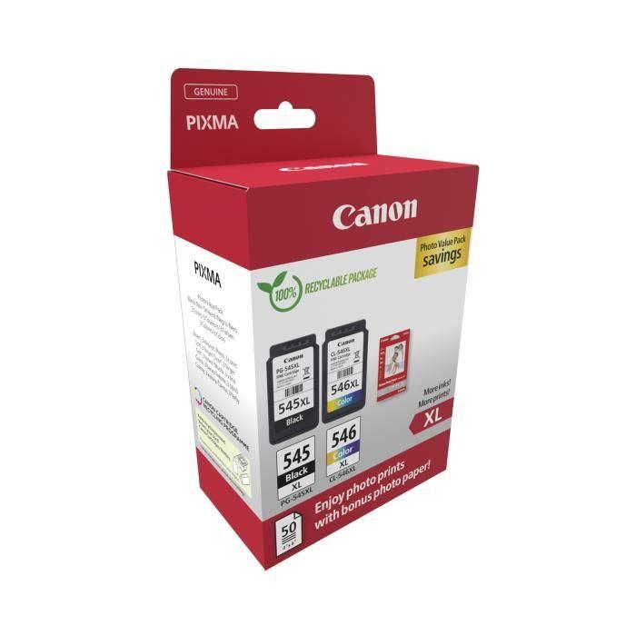 Pack De 2 Cartouches D'encre + Pack Papiers Photo - CANON - PG-545XL Noir + CL-546XL Couleur - Haut Rendement