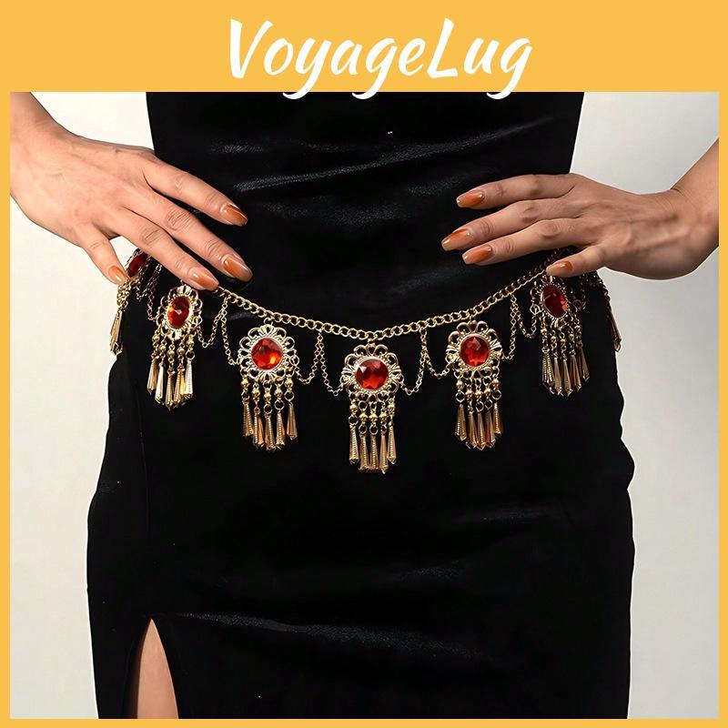 Ethnic Red Bohemian Acrylic Gemstone Fringe Waist Chain With Flower Pendant