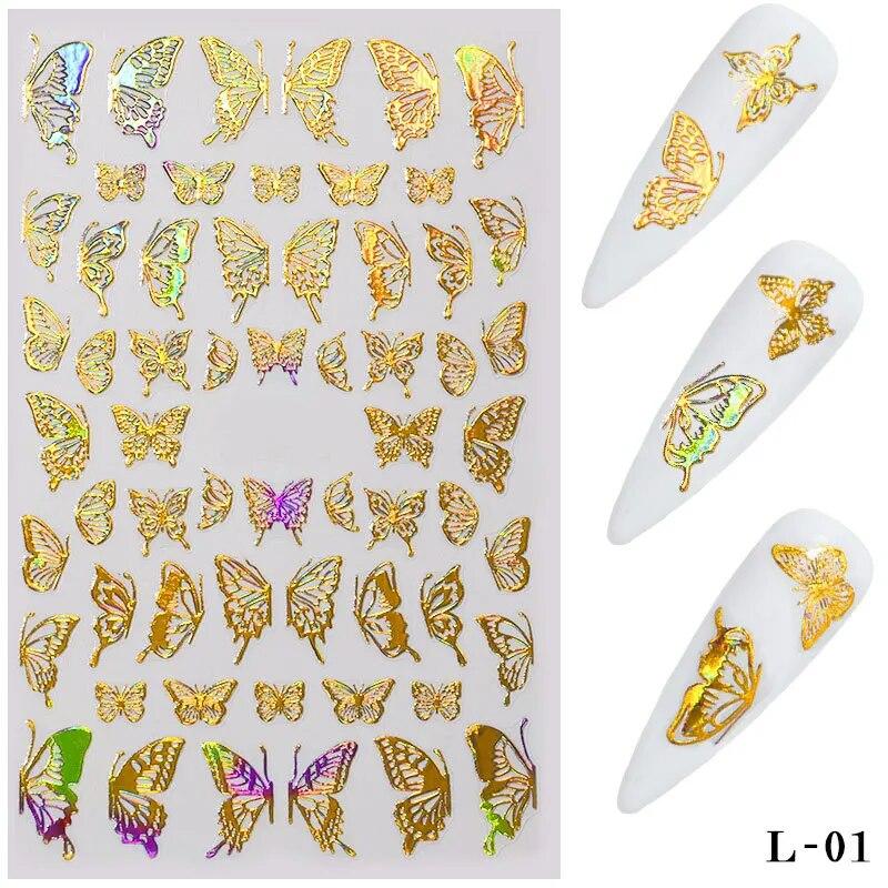 3D Holographic Butterfly Nail Art Stickers Adhesive Gold Silver Laser Foil Nail Decals For Women Girls DIY Manicure Decoration