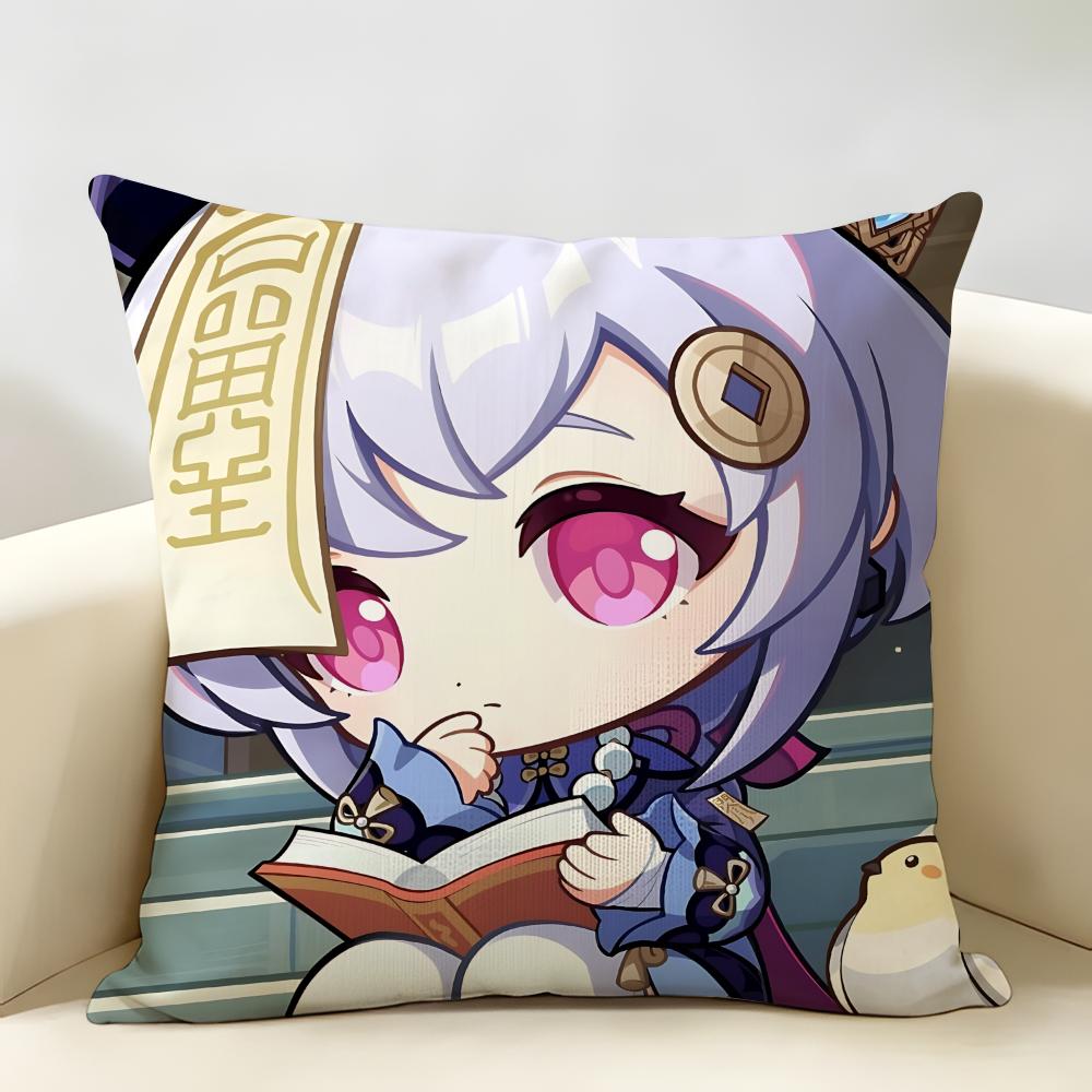 Qiqi Cute Genshin Impact Cushion Cover Natural Linen Organic Fabric DoubleSided Printing Room Sofa Decor Pillow Case