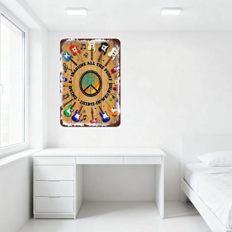 Vintage Metal Sign with Peace Symbol, Trees & Colorful Guitars, Musical Notes - 1960s Counterculture Peace & Music Art for Home