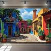 Lively Mexican Street Tapestry, Rainbow Houses with Balcony Flowers and Potted Cacti, Playful Boho Wall Art