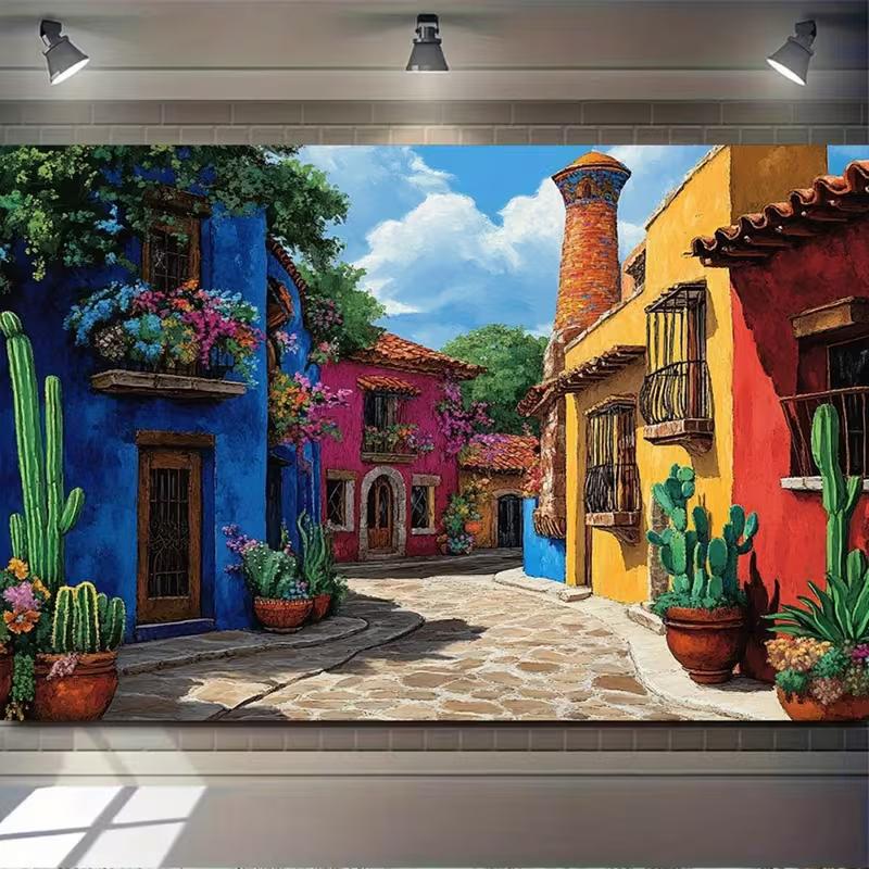 Lively Mexican Street Tapestry, Rainbow Houses with Balcony Flowers and Potted Cacti, Playful Boho Wall Art