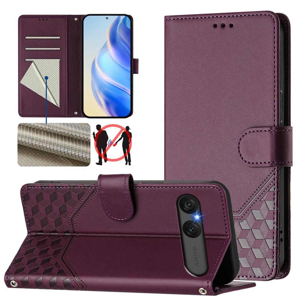 For Sony Xperia 10 VII Case Imprinted Honeycomb RFID Blocking Leather Phone Cover with Strap