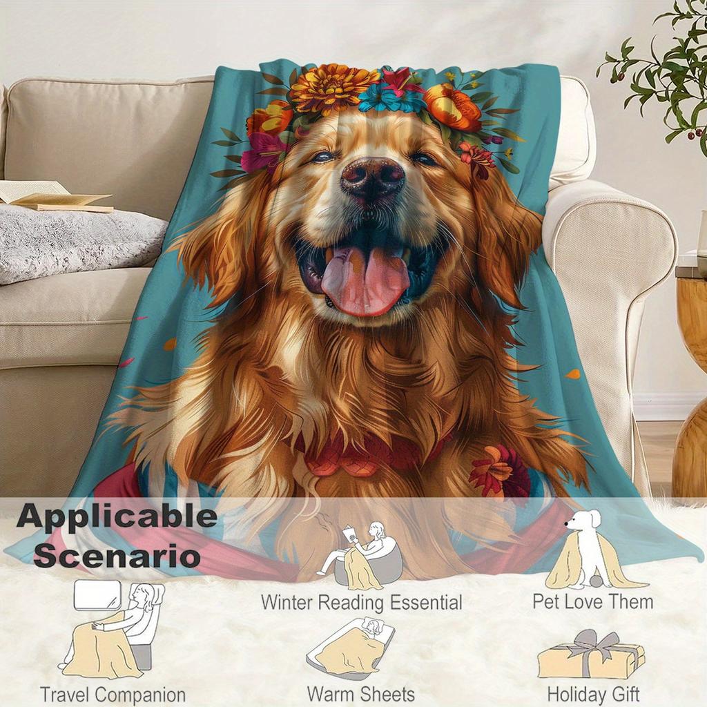 Floral Golden Retriever Pattern Flannel Printed Blanket Suitable for All Seasons Suitable for Living Room Office Sofa and Travel