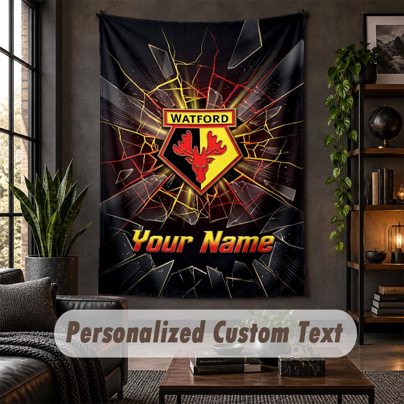 Personalisierte Wandtapisserie, Watford FC Benutzerdefinierter Text, Weiches Stoff-Wandbild für die Innendekoration