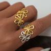 Stainless Steel Metal Hollow Flower Open Ring For Women Minimalist Gold Color Irregular Geometric Adjustable Finger Ring Jewelry