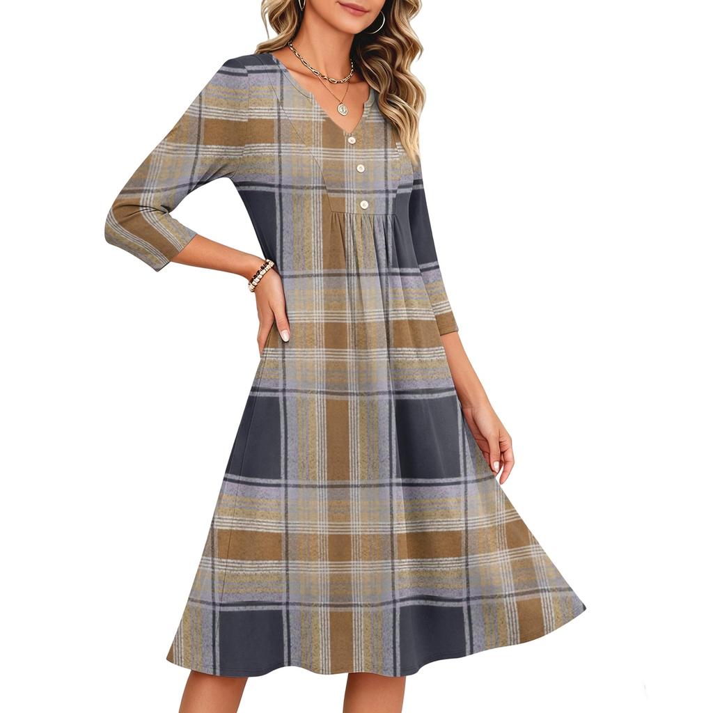 Damen Casual V-Ausschnitt Karomuster Dreiviertelarm Kleid für den Alltag