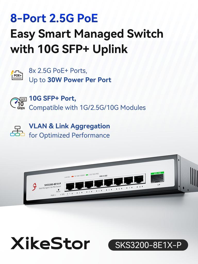 XikeStor 9 Port PoE Hub WEB Management Switch PoE Power 8 Port 1 Port 10G Security Security Camera AP VLAN Aggregation Splitter Hub Support 2.5G +