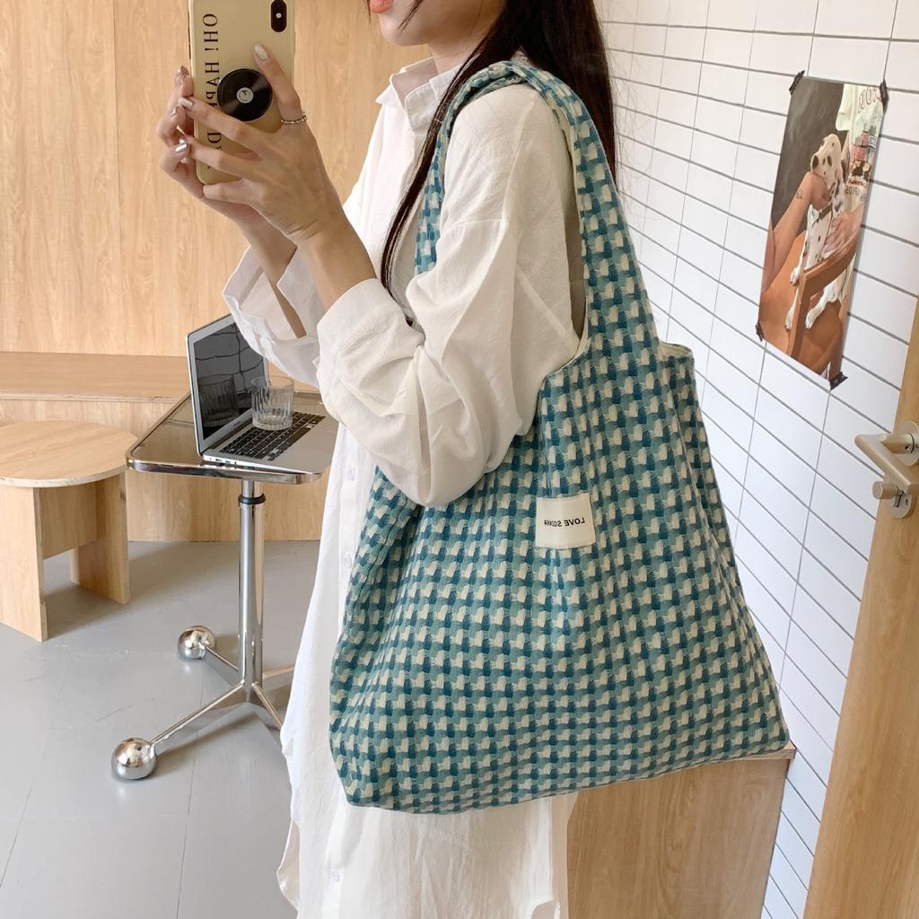 Korean Refreshing Lake Blue Shopping Bags Fashion Plaid Handheld Shoulder Bag Student Class Cloth Bag