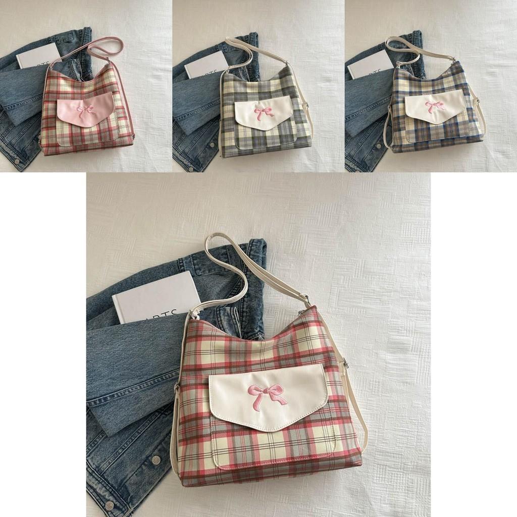 Trendy Summer 2024 Korean Style Plaid Tote Bag For Women With Chic Detail Bow