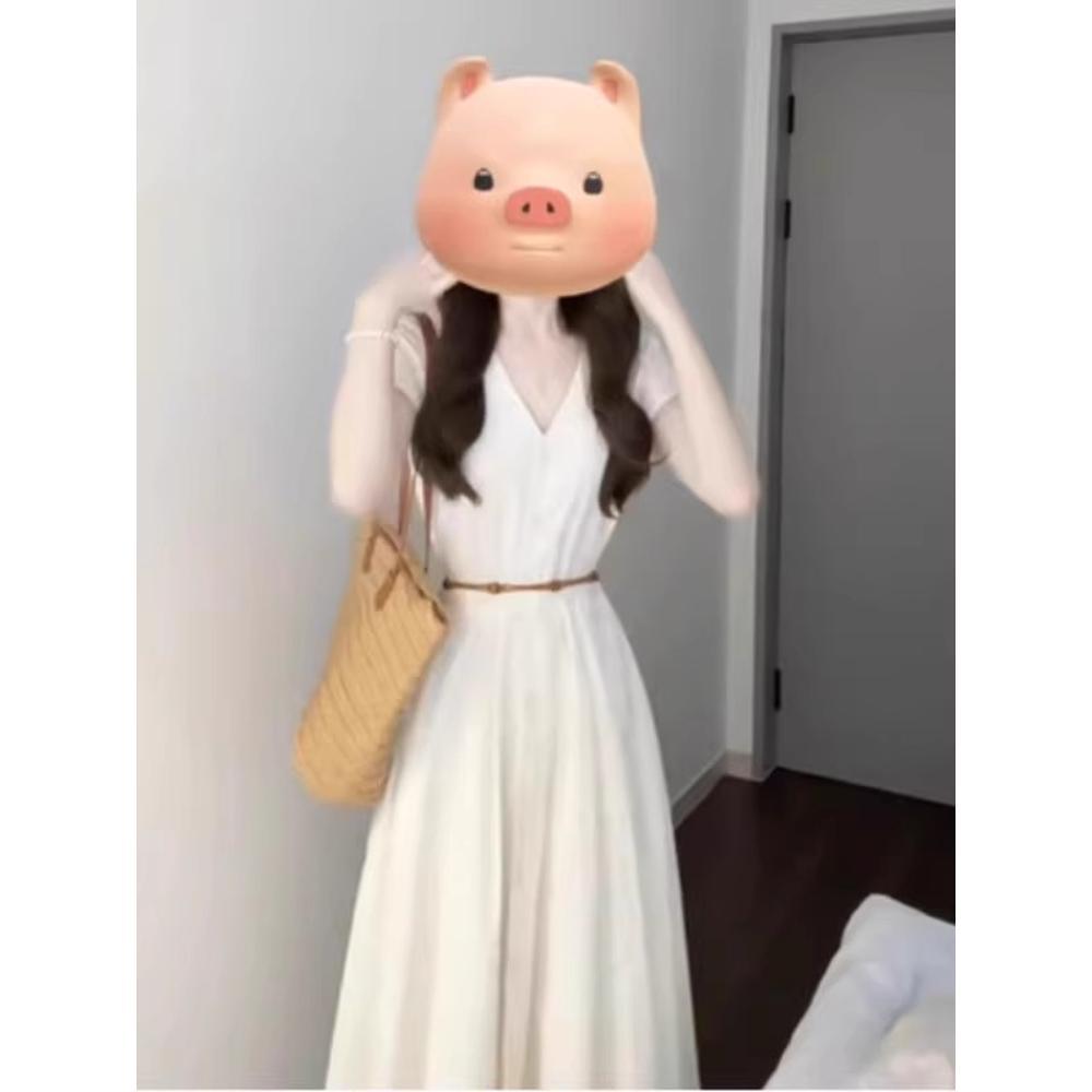 Apricot dress summer casual new popular wear with waist shirt v-neck small temperament dress