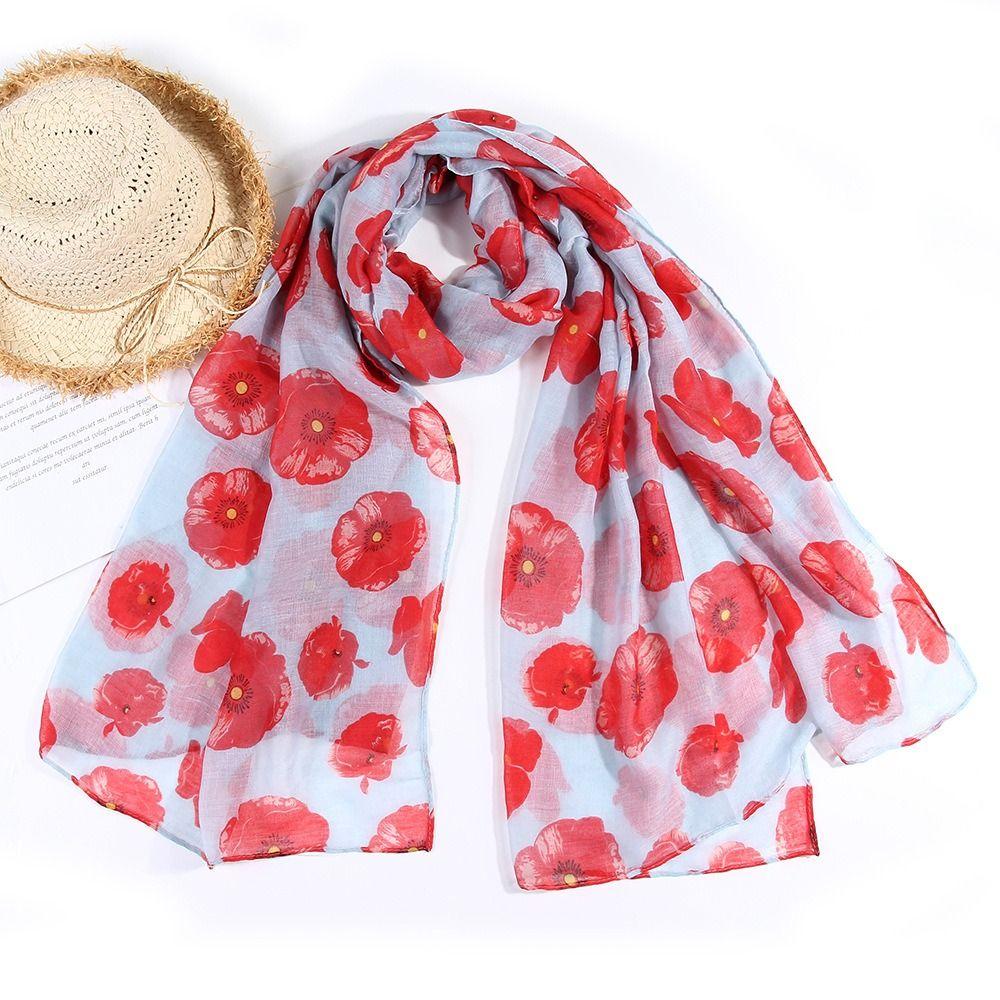 Colorful Poppy Print Scarf 180*90cm Smooth Poppy Floral Shawl Breathable Cotton Voile Poppies Floral Wrap for Women Ladies
