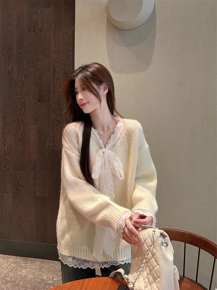 Korean Lace Bow V-Neck Long Sleeve Sweater - Autumn/Winter Design