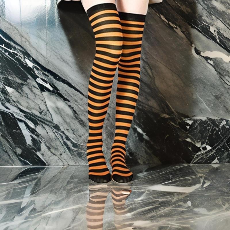 Damskie Halloweenowe Długie Skarpety do Ud Karnawałowe Kolorowe Pasiaste Za Kolano Długie Pończochy Akcesoria do Kostiumu Cosplay
