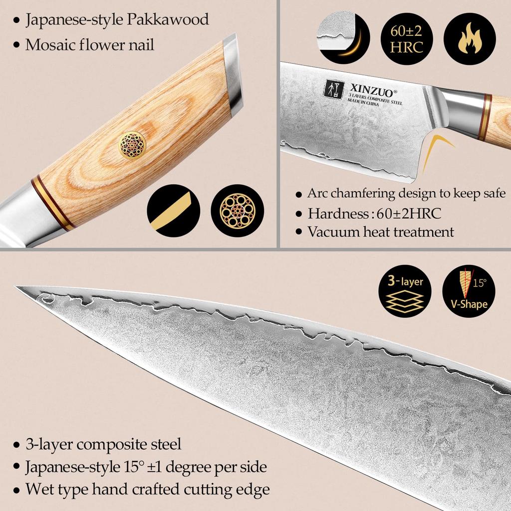 XINZUO Composite Steel 5Pcs Kitchen Knife 3 Layer Clad Steel Chef Knife Set 10Cr15CoMoV Steel Professional Sharp Cooking Knife Stainless Steel Knife